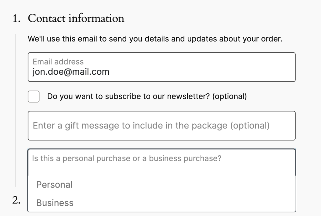 The "Contact information" step in the Checkout Block. There is an additional checkbox, text input, and select input rendered there.