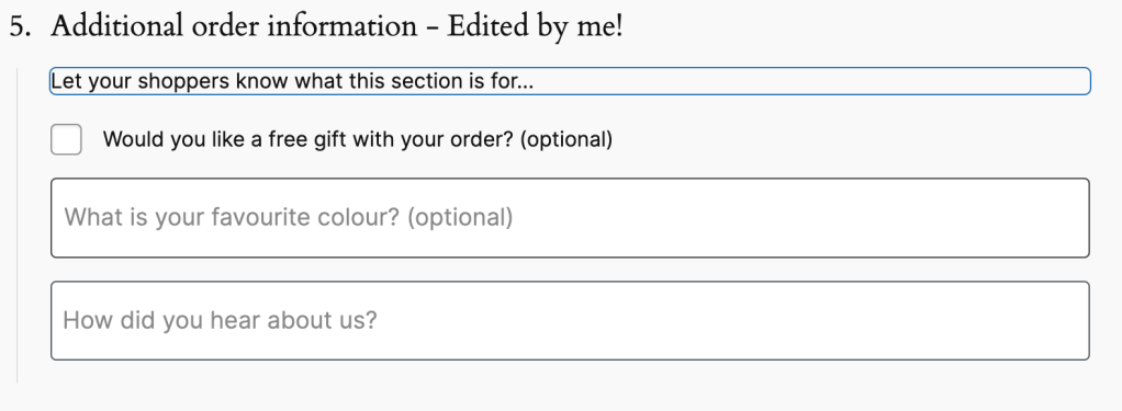 The "additional information" section in the post editor. It shows that the title and description of this step are editable. Inside this section a checkbox, text, and select input are rendered.
